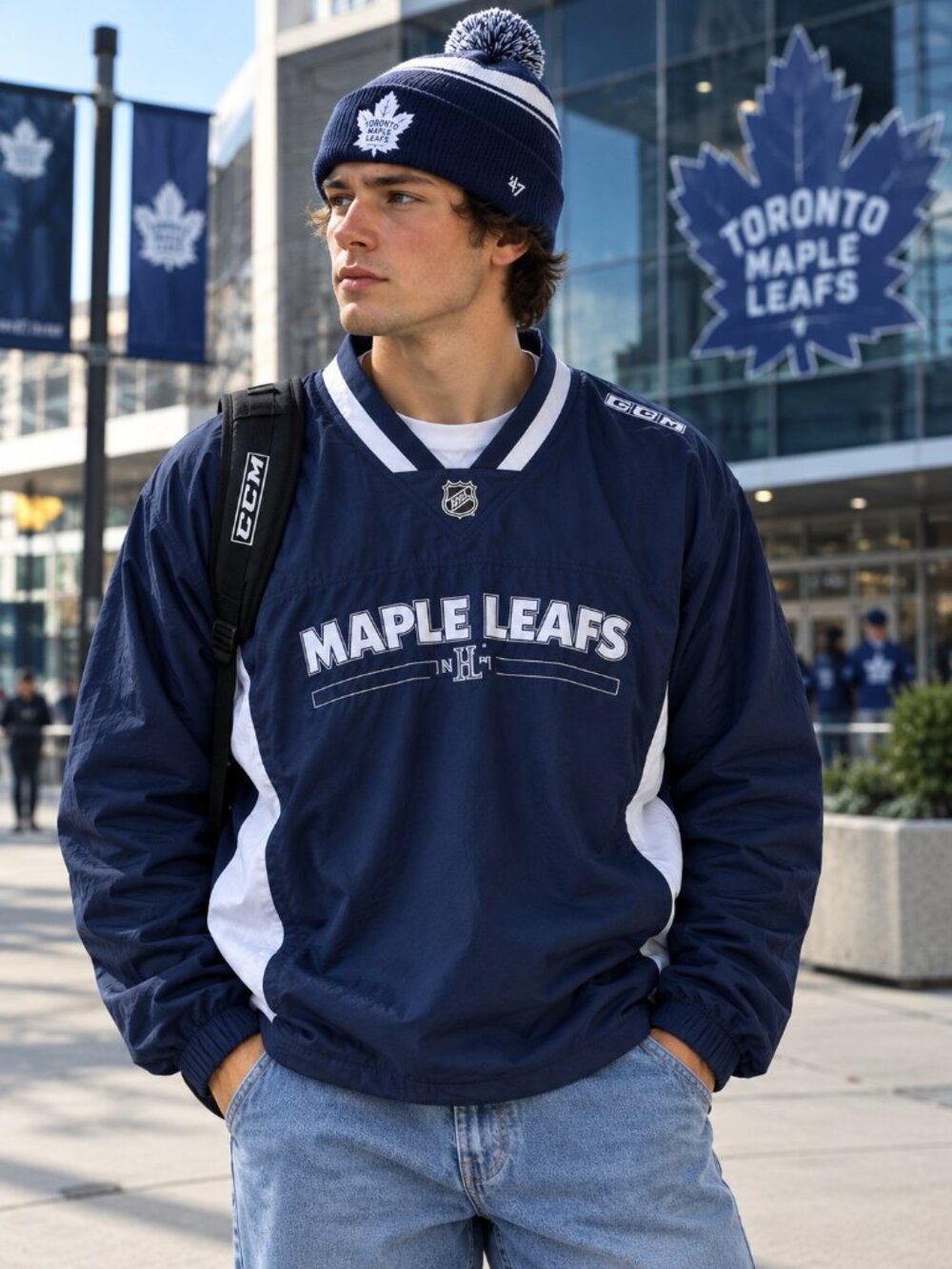 CCM Toronto Maple Leafs Pullover Windbreaker Jacket Mens XL Navy Blue NHL